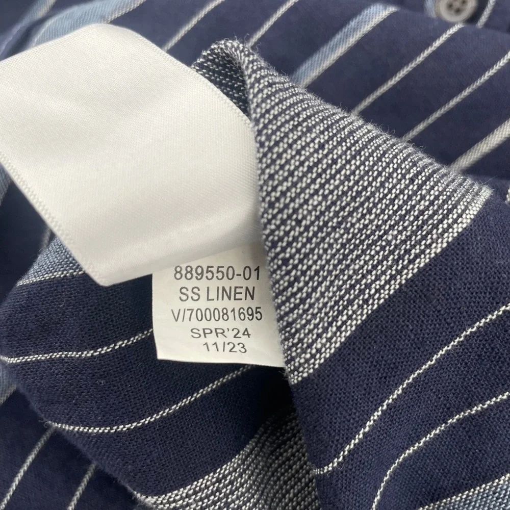 Banana Republic Shirt Mens XL Blue Striped Linen Blend Slim Fit Short Sleeve